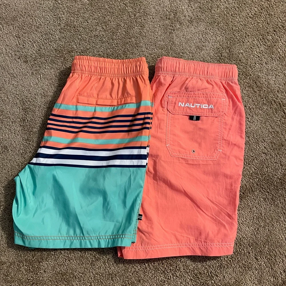 Nautica Men’s Coral and Teal Striped Swim Trunks